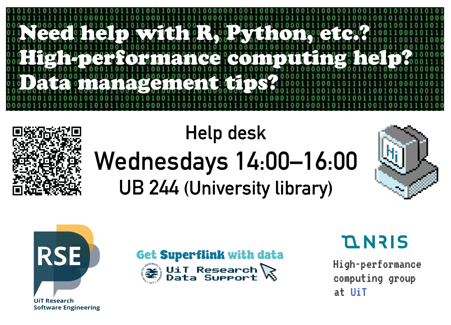 Illustrasjons-/bannerbilde for 📣 Help Desk for Coding Support, Research Data Management and High-Performance Computing 📣