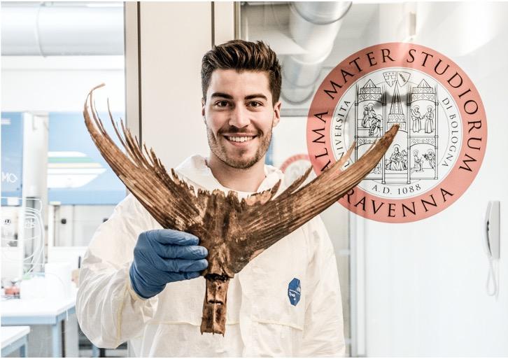 ein smilande mann på ein lab held fram eit stort skjelett av ein fiskehale