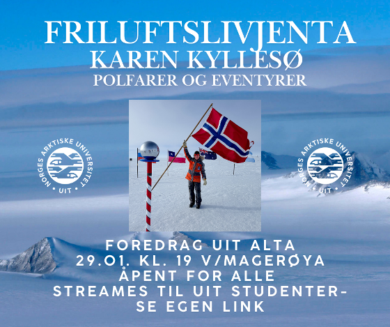 Illustrasjonsbilde for Foredrag med friluftsjenta Karen Kyllesø - streames og fysisk på campus v/ auditorium Magerøya