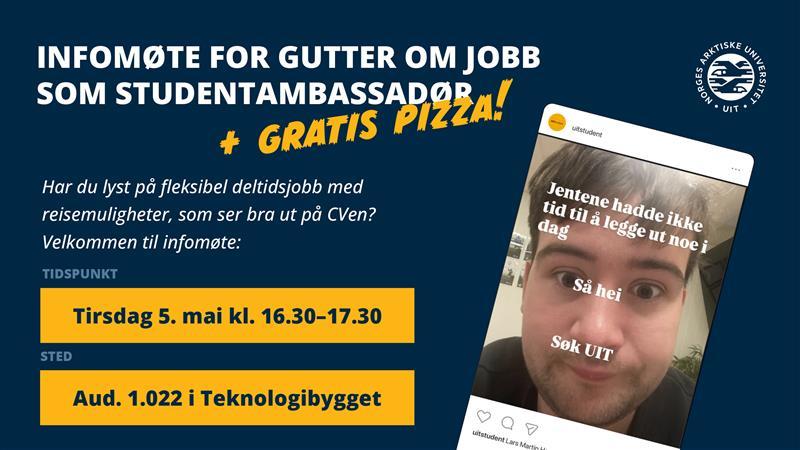 Illustrasjons-/bannerbilde for Infom&oslash;te for gutter om jobb som studentambassad&oslash;r + gratis pizza 